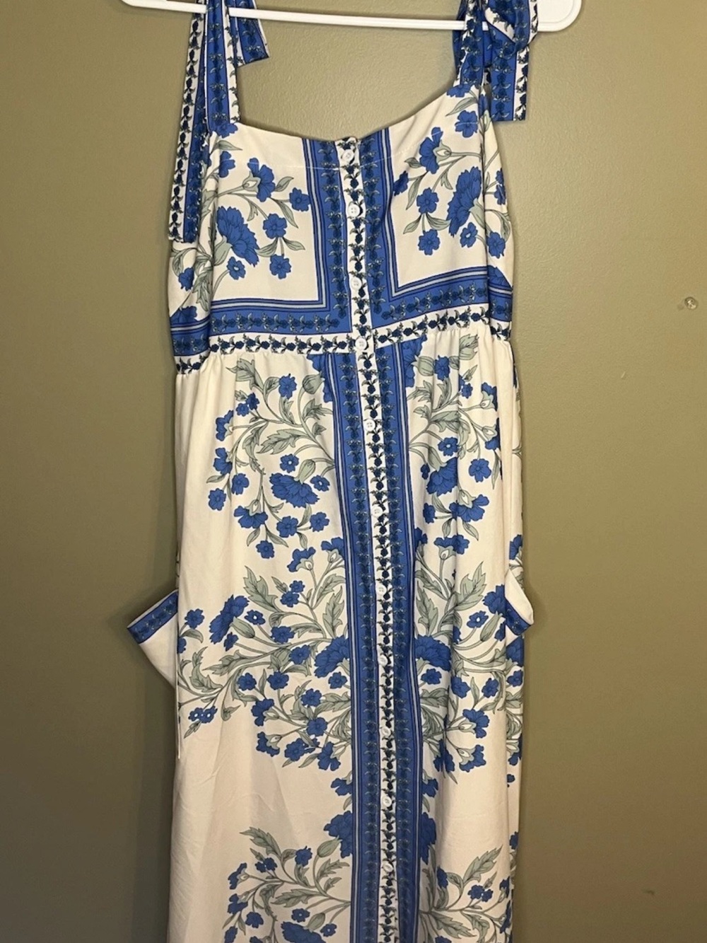 Sunday Up Blue White Porcelain Floral Tie Shoulder Midi Maxi Dress Large Pockets